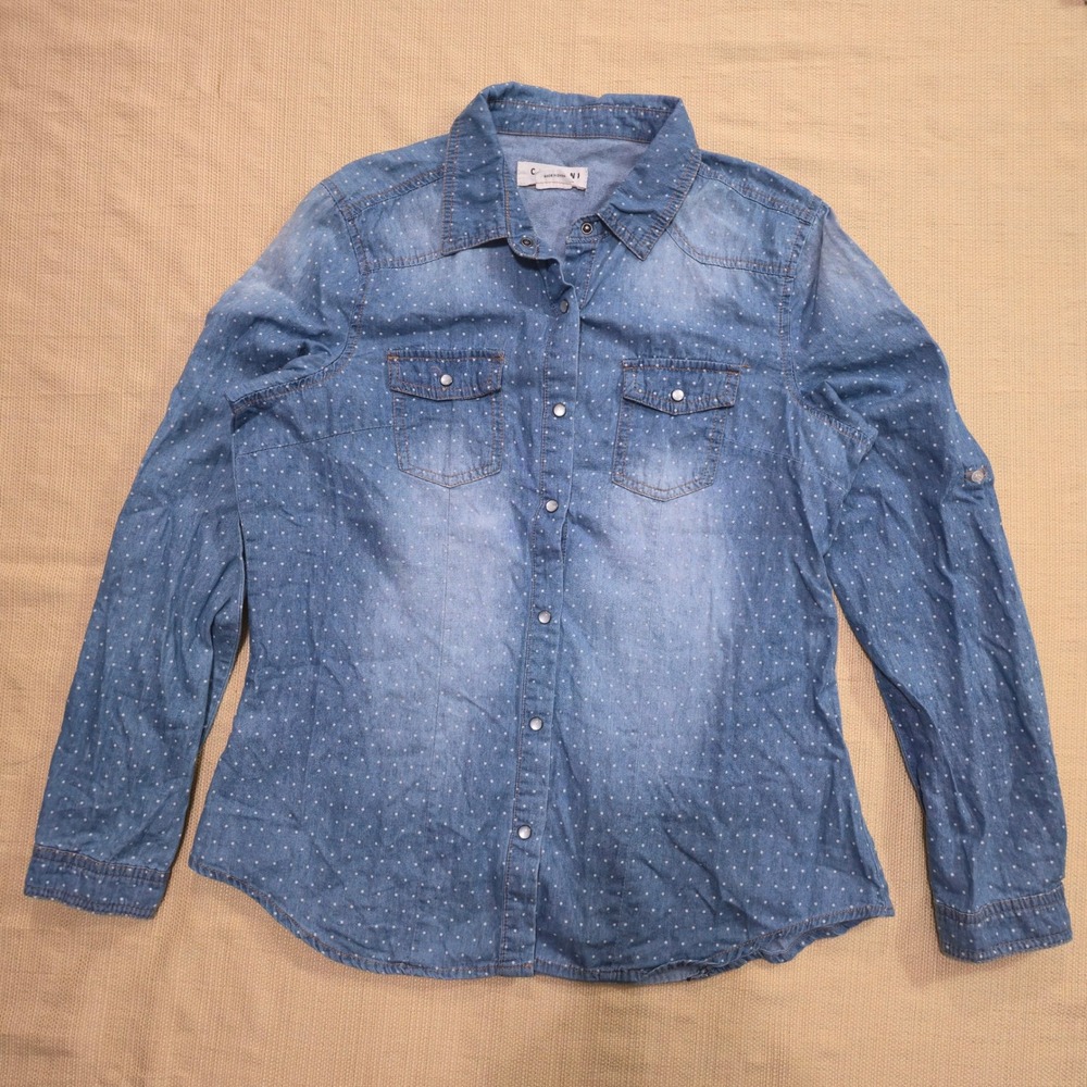 Cavalini Denim Collection Polka Dot Button Down Shirt Lightwash Cotton Medium